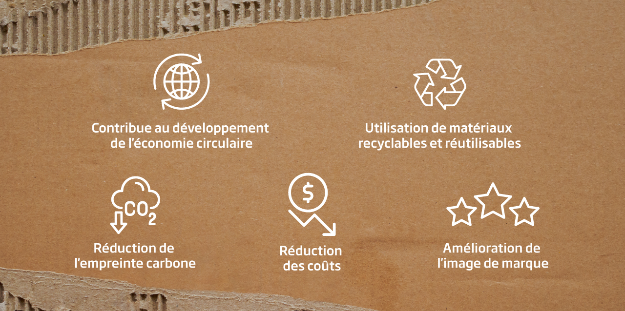 En choisissant des emballages recyclables ou réutilisables, les entreprises peuvent réduire considérablement leur impact environnemental. Utilisé dans un grand nombre de nos produits, le carton ondulé en est un excellent exemple, car sa fabrication permet de réduire les émissions de CO2 jusqu'à 60 % par rapport à d'autres matériaux. De plus, la réutilisation et le recyclage de ces emballages contribuent encore davantage à la réduction des émissions de carbone. Les emballages réutilisables et le reconditionnement intérieur sont deux autres exemples de solutions qui peuvent contribuer au développement durable en réduisant la consommation de ressources, en minimisant les déchets et en prolongeant la durée de vie des produits, favorisant ainsi un cycle de vie efficace.