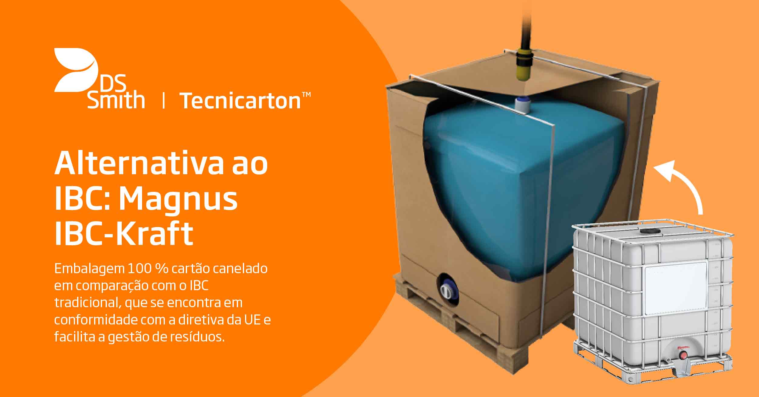 Alternativa ao IBC: Magnus IBC-Kraft. Embalagem 100 % cartão canelado em comparação com o IBC tradicional, que se encontra em conformidade com a diretiva da UE e facilita a gestão de resíduos.