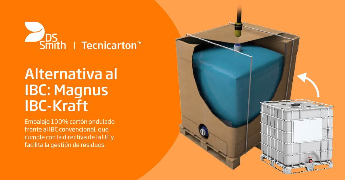 Alternativa al IBC: Magnus IBC-Kraft. Embalaje 100% cartón ondulado frente al IBC convencional, que cumple con la directiva de la UE y facilita la gestión de residuos.