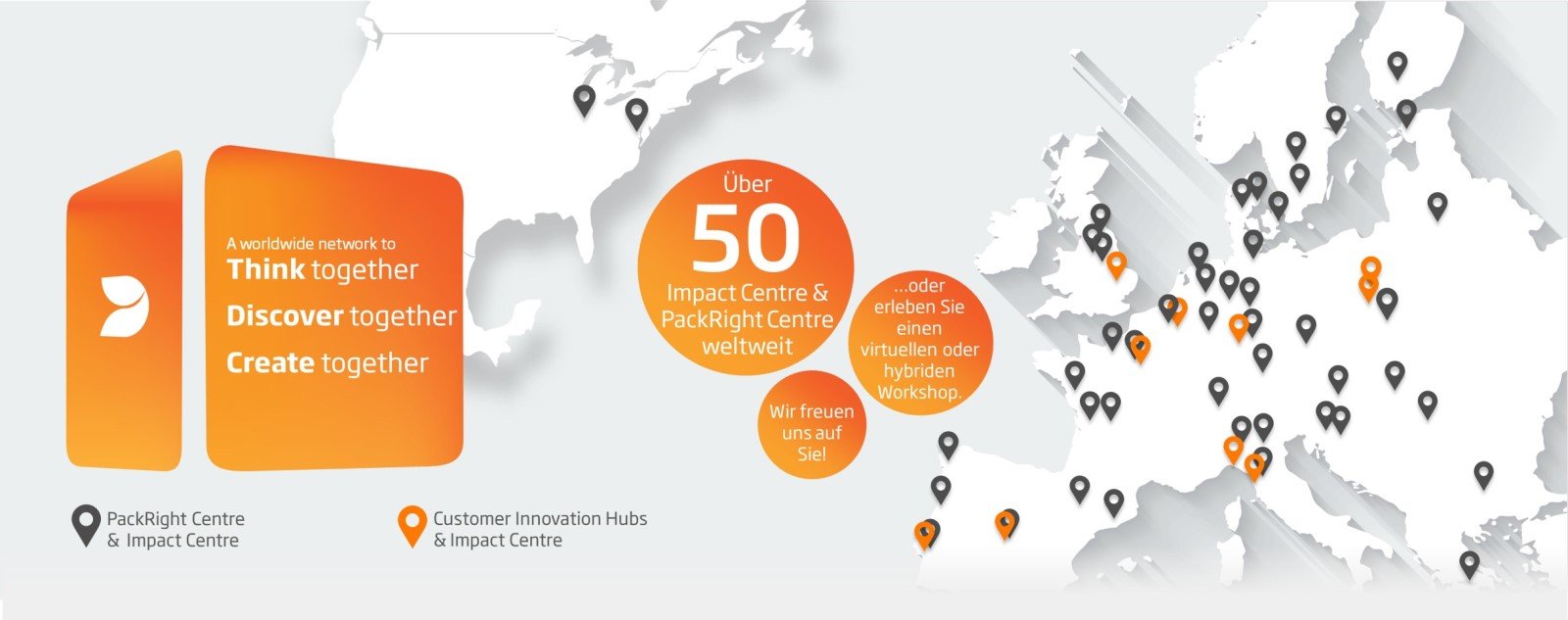 Weltkarte mit Impact und PackRight Centres von DS Smith in grautönen.