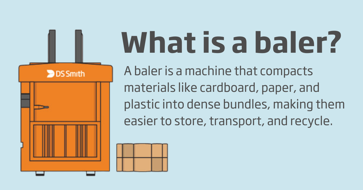 An infographic with the text What is a baler? A baler is a machine that compacts materials like cardboard, paper, and plastic into dense bundles, making them easier to store, transport, and recycle.